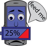 Sad cartoon cellphone holding battery 25% vector illustration Sad cartoon cellphone holding battery 25% vector illustration