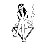 Sad girl sit down on triangle symbol. right hand with cigarette. vector illustration Sad girl sit down on triangle symbol. right hand with cigarette. vector illustration