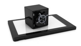 Safe 3d auf einem Tablette-PC stock abbildung Safe 3d auf einem Tablette-PC stock abbildung