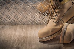 Safety Waterproof Lace Boots Wooden Board Channeled Metal Plate Royalty Free Stock Images