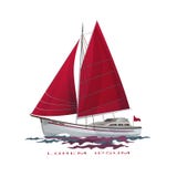 Sailing boat floating on water surface. Sea yacht with red sails and reflection isolated on white background. Vector color illustration Royalty Free Stock Images Sailing boat floating on water surface. Sea yacht with red sails and reflection isolated on white background. Vector color illustration Royalty Free Stock Images