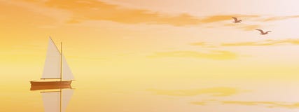 Sailing boat by sunset - 3D render. One small sailing boat floating quietly on water near seagulls by orange sunset Royalty Free Stock Photos Sailing boat by sunset - 3D render. One small sailing boat floating quietly on water near seagulls by orange sunset Royalty Free Stock Photos