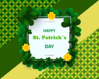 Saint Patrick`s Day card with square frame, green four and tree leaf clovers on colorful modern geometric background. Vector illu vector illustration Saint Patrick`s Day card with square frame, green four and tree leaf clovers on colorful modern geometric background. Vector illu vector illustration