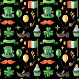 Saint Patrick`s day seamless pattern with leprechaun hat, irish flag