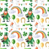 Saint Patrick`s day seamless pattern with leprechaun, rainbow, shamrock