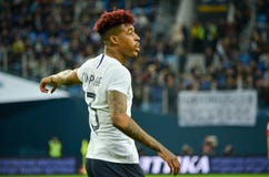 SAINT PETERSBURG, RUSSIA - March 27, 2018: Presnel Kimpembe during a friendly match between national team Russia and France in Sa stock photos SAINT PETERSBURG, RUSSIA - March 27, 2018: Presnel Kimpembe during a friendly match between national team Russia and France in Sa stock photos
