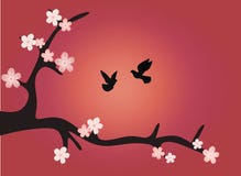 Sakura.A branch of cherry blossoms with birds at sunset. stock illustration Sakura.A branch of cherry blossoms with birds at sunset. stock illustration
