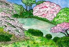 Sakura odbija w wodzie, Tradycyjnym japończyka ogródzie z czereśniowymi drzewami i stawie, akwareli ilustracja royalty ilustracja Sakura odbija w wodzie, Tradycyjnym japończyka ogródzie z czereśniowymi drzewami i stawie, akwareli ilustracja royalty ilustracja