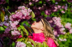 Sakura tree blooming. Small girl child in spring flower bloom. Enjoy smell of tender bloom. Sakura flower concept stock image Sakura tree blooming. Small girl child in spring flower bloom. Enjoy smell of tender bloom. Sakura flower concept stock image