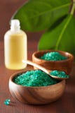 Sal herbaria verde y aceites esenciales para el baño sano del balneario fotografía de archivo libre de regalías Sal herbaria verde y aceites esenciales para el baño sano del balneario fotografía de archivo libre de regalías