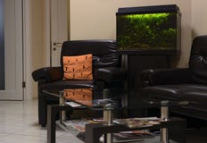Sala de espera con la mesa de centro del acuario y del vidrio cerca de la aguamarina imagen de archivo Sala de espera con la mesa de centro del acuario y del vidrio cerca de la aguamarina imagen de archivo