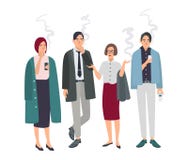 Sala de fumo Povos diferentes do escritório na ruptura do fumo Homem e mulher com cigarros Ilustração do vetor no estilo liso ilustração royalty free Sala de fumo Povos diferentes do escritório na ruptura do fumo Homem e mulher com cigarros Ilustração do vetor no estilo liso ilustração royalty free