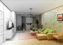 Sala de visitas com opinião da paisagem, interior 3D foto de stock Sala de visitas com opinião da paisagem, interior 3D foto de stock
