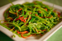 A salada chinesa morna com couve e pimento, serviu em uma placa branca imagens de stock A salada chinesa morna com couve e pimento, serviu em uma placa branca imagens de stock