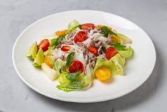 Salada tailandesa picante com os macarronetes da carne picada e de arroz SENSOR DE YAM WOON fotografia de stock Salada tailandesa picante com os macarronetes da carne picada e de arroz SENSOR DE YAM WOON fotografia de stock
