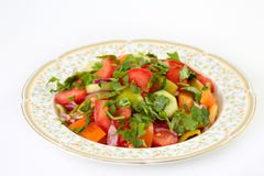 Salade végétale d'été frais, sain et délicieux avec les tomates, le concombre, le poivre vert et orange, l'oignon rouge et le per images stock Salade végétale d'été frais, sain et délicieux avec les tomates, le concombre, le poivre vert et orange, l'oignon rouge et le per images stock