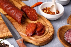 Salami with paprika. Rustic style. royalty free stock photo Salami with paprika. Rustic style. royalty free stock photo