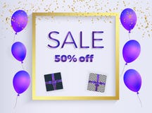 Sale baner med lilor formade ballonger, askgåva med band, guld- konfettier Mall för garneringpresentationen, plakat, vektor illustrationer Sale baner med lilor formade ballonger, askgåva med band, guld- konfettier Mall för garneringpresentationen, plakat, vektor illustrationer