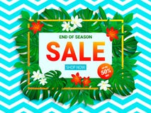 Sale poster. Summer sellout banner. trendy tropical style. Floral jungle background with exotic tropic flowers, leaves. End of the royalty free illustration Sale poster. Summer sellout banner. trendy tropical style. Floral jungle background with exotic tropic flowers, leaves. End of the royalty free illustration