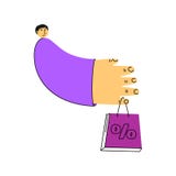 Sale teckenman med en stor hand som rymmer en packe royaltyfri illustrationer Sale teckenman med en stor hand som rymmer en packe royaltyfri illustrationer