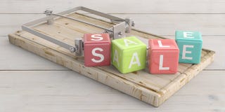 Sale text på färgrika kuber och en musfälla, trägolvbakgrund illustration 3d stock illustrationer Sale text på färgrika kuber och en musfälla, trägolvbakgrund illustration 3d stock illustrationer