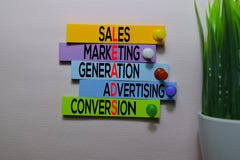 Sales, Marketing, Generation, Advertising, Conversio LEADS text on sticky notes isolated on office desk
