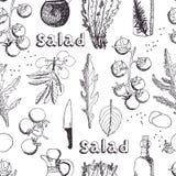 Sallad med arugula-, mozzarella- och tomatbakgrund vektor illustrationer Sallad med arugula-, mozzarella- och tomatbakgrund vektor illustrationer