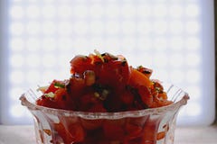 Salsa fresca do tomate contra uma luz branca brilhante fotos de stock royalty free Salsa fresca do tomate contra uma luz branca brilhante fotos de stock royalty free