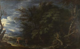 Salvator Rosa - Landschap met Mercury en de Oneerlijke Houthakker royalty-vrije stock afbeeldingen Salvator Rosa - Landschap met Mercury en de Oneerlijke Houthakker royalty-vrije stock afbeeldingen