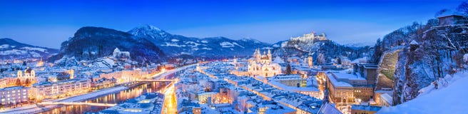 Salzburg skyline winter panorama at blue hour, Austria stock images Salzburg skyline winter panorama at blue hour, Austria stock images