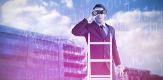 Samengesteld beeld van zakenman het kijken op een ladder stock foto's Samengesteld beeld van zakenman het kijken op een ladder stock foto's