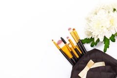 Samenstellingsborstels en een chrysantenbloem op een witte achtergrond stock fotografie Samenstellingsborstels en een chrysantenbloem op een witte achtergrond stock fotografie