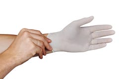 Samiec wręcza kładzenie na białych medycznych rękawiczkach odizolowywać na białym tle obrazy stock Samiec wręcza kładzenie na białych medycznych rękawiczkach odizolowywać na białym tle obrazy stock
