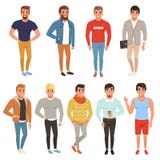 Samling av stiliga män i stilfulla kläder tillfällig wear Manliga tecken som poserar med att le framsidauttryck stock illustrationer Samling av stiliga män i stilfulla kläder tillfällig wear Manliga tecken som poserar med att le framsidauttryck stock illustrationer