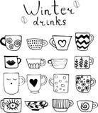 Sammlung gezogene Tassen Tee und Kaffee Wintergetränke vektor abbildung Sammlung gezogene Tassen Tee und Kaffee Wintergetränke vektor abbildung