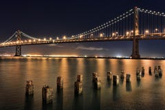 San Francisco Bay Bridge at Night Panorama Stock Photos San Francisco Bay Bridge at Night Panorama Stock Photos