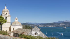 The sanctuary of the White Madonna, church of San Lorenzo and the Gulf of poets, Portovenere, Italy stock image The sanctuary of the White Madonna, church of San Lorenzo and the Gulf of poets, Portovenere, Italy stock image
