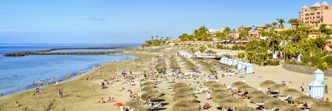 Sandig strand med halmtäckte slags solskydd och sunbeds, Costa Adeje, tio arkivfoton Sandig strand med halmtäckte slags solskydd och sunbeds, Costa Adeje, tio arkivfoton