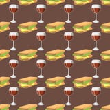 Sanduíches com do café da manhã rápido saudável sem emenda do teste padrão do vidro de vinho ilustração deliciosa do vetor do jan ilustração stock Sanduíches com do café da manhã rápido saudável sem emenda do teste padrão do vidro de vinho ilustração deliciosa do vetor do jan ilustração stock