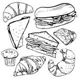 Sanduíches, pastelarias e croissant Grupo tirado mão do vetor do esboço do esboço ilustração stock Sanduíches, pastelarias e croissant Grupo tirado mão do vetor do esboço do esboço ilustração stock