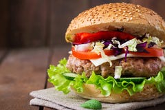 Sandwich hamburger with juicy burgers, cheese Royalty Free Stock Photo Sandwich hamburger with juicy burgers, cheese Royalty Free Stock Photo