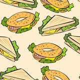 Sandwich kritzelt nettes nahtloses Muster Weihnachtsmann in einer Schutzkappe, in den Kopfh?rern, mit einem Weihnachtslutscher he vektor abbildung Sandwich kritzelt nettes nahtloses Muster Weihnachtsmann in einer Schutzkappe, in den Kopfh?rern, mit einem Weihnachtslutscher he vektor abbildung