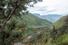 View of the Sani Pass, dirt rural road though the mountains which connects South Africa and Lesotho. stock photos View of the Sani Pass, dirt rural road though the mountains which connects South Africa and Lesotho. stock photos