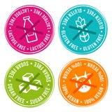 Sans lactose, gluten gratuit, sucre gratuit et insignes 100% de vegan illustration stock Sans lactose, gluten gratuit, sucre gratuit et insignes 100% de vegan illustration stock