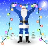 Santa Claus in a blue suit is holding a New Year`s illumination garland in his hands. stock illustration Santa Claus in a blue suit is holding a New Year`s illumination garland in his hands. stock illustration