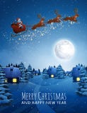 Santa Claus on deer Flying Sleigh with reindeers. Christmas Landscape snow Fir Tree at Night and Big Moon. Concept for