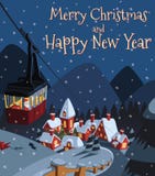 Santa Claus descends into the Christmas valley village in cable car royalty free illustration Santa Claus descends into the Christmas valley village in cable car royalty free illustration