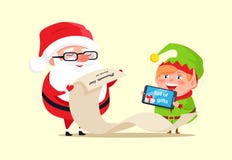 Santa Claus and Elf Checking out Gift List Icon vector illustration Santa Claus and Elf Checking out Gift List Icon vector illustration