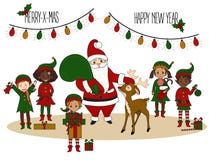Santa Claus with elves and deer. Christmas Card stock illustration Santa Claus with elves and deer. Christmas Card stock illustration