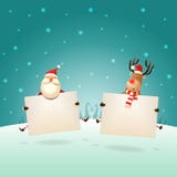 Santa Claus feliz e rena que saltam com placas na paisagem do inverno - cumprimento do molde do Natal ilustração do vetor Santa Claus feliz e rena que saltam com placas na paisagem do inverno - cumprimento do molde do Natal ilustração do vetor